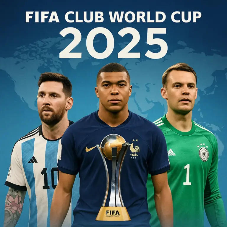 Lionel Messi, Kylian Mbappé, and Manuel Neuer stand behind the FIFA Club World Cup trophy, with a world map background and bold text reading “FIFA Club World Cup 2025.”