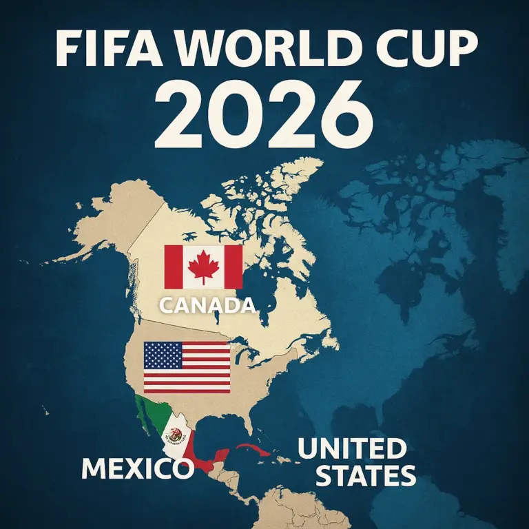 A map of North America highlights Canada, Mexico, and the United States with their national flags, promoting the FIFA World Cup 2026 hosted across all three nations.