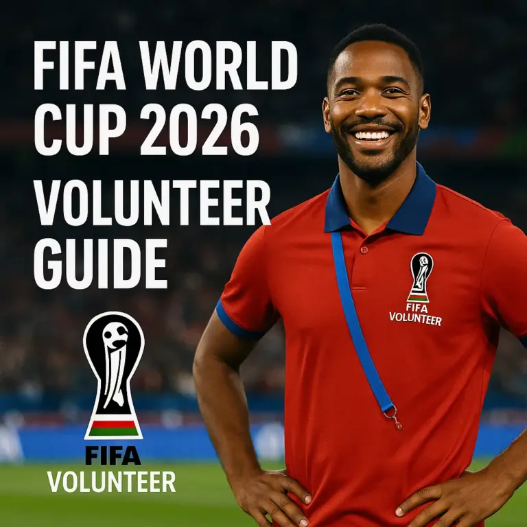 A smiling FIFA World Cup 2026 volunteer wearing a red polo with the FIFA logo, standing in a stadium with the text “FIFA World Cup 2026 Volunteer Guide.