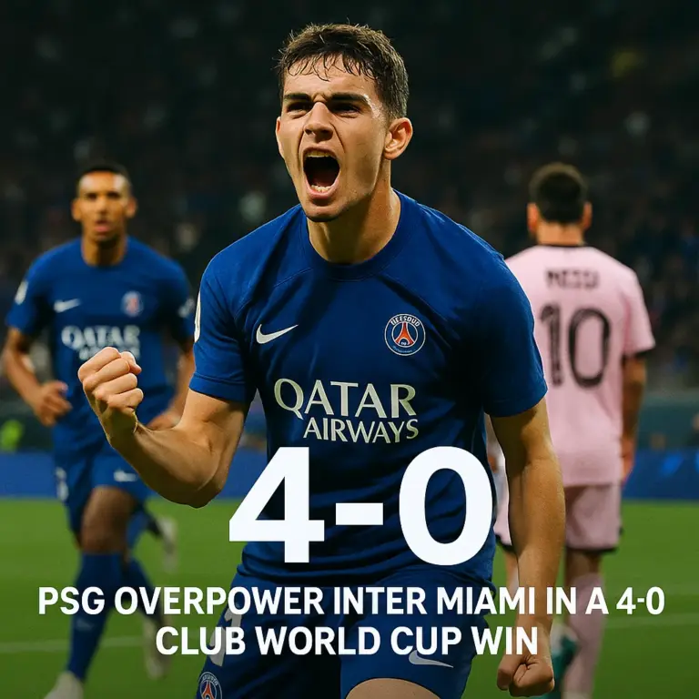 A PSG player celebrates passionately after scoring in a 4-0 Club World Cup win over Inter Miami, with Messi visible in a pink jersey in the background.