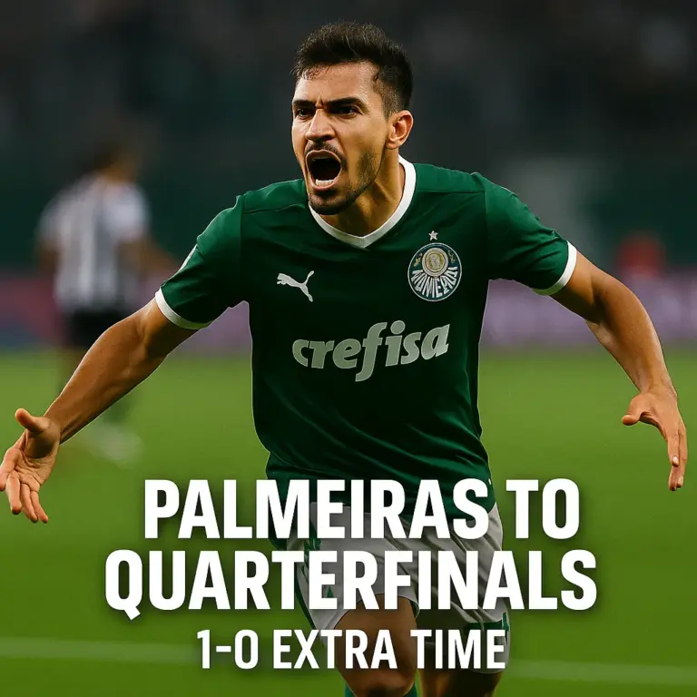Palmeiras player celebrates passionately after scoring the decisive extra-time goal in a 1-0 FIFA Club World Cup 2025 victory over Botafogo, securing a quarterfinal spot.