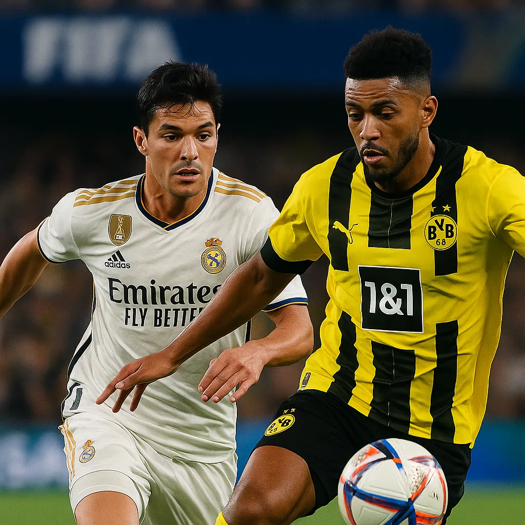 A Real Madrid player in a white jersey challenges a Borussia Dortmund player in a yellow-and-black kit during an intense FIFA Club World Cup 2025 quarterfinal clash.