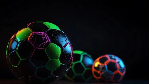 Colored soccer balls are depicted