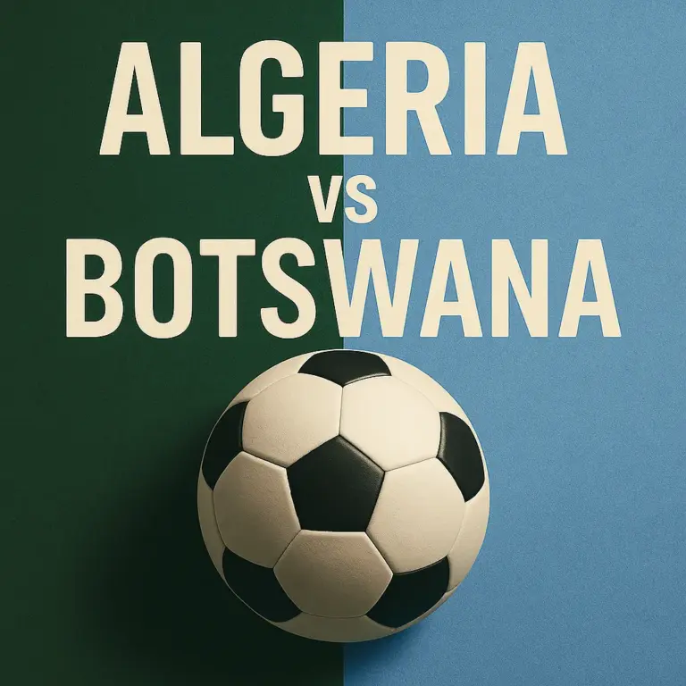 Promotional digital graphic for an international football match between Algeria and Botswana, featuring a split green and blue background with bold team names and a soccer ball in the center.