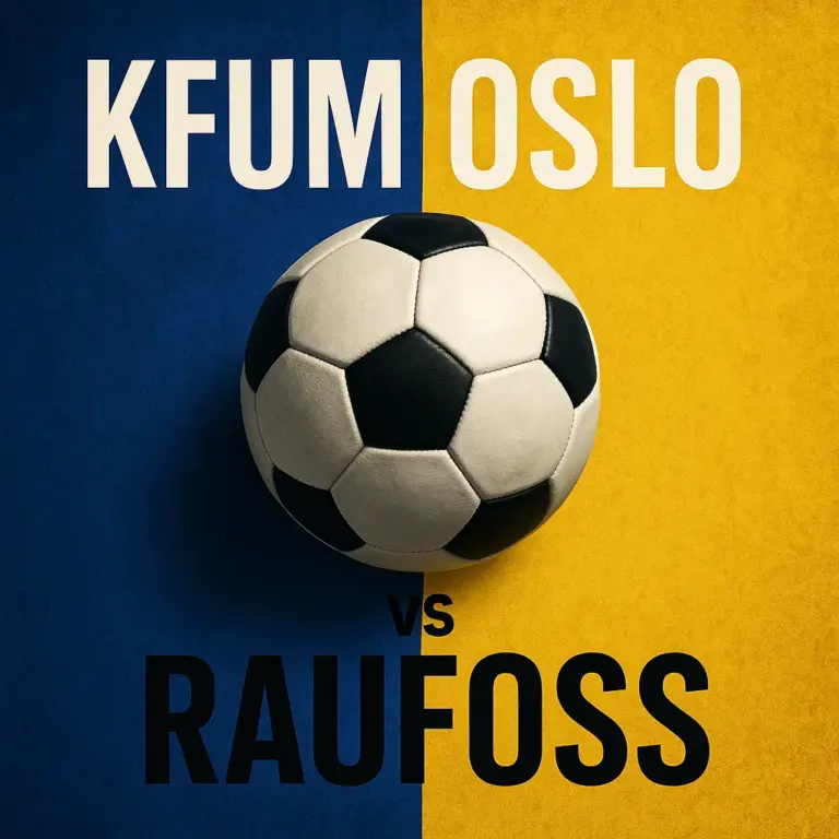 A promotional digital graphic design features an upcoming match between KFUM Oslo and Raufoss, with bold text and a soccer ball over a blue-yellow background.