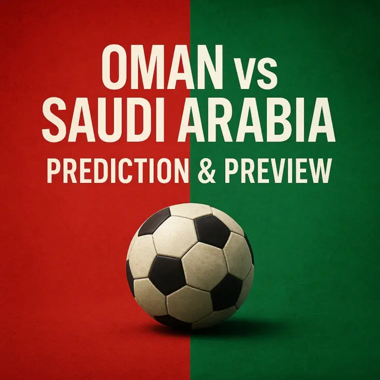 A promotional digital image for an Oman vs Saudi Arabia football match preview, featuring national colors split background and a classic soccer ball at center.